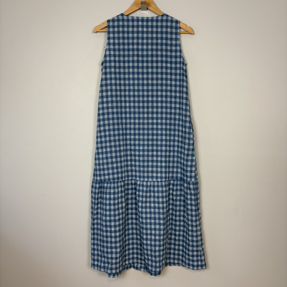 Lintico 100% Linen S Sleeveless Midi Dress Gingham Check Button Down Lagenlook - Picture 7 of 7